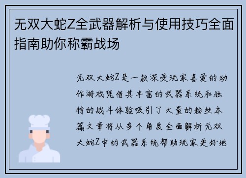 无双大蛇Z全武器解析与使用技巧全面指南助你称霸战场